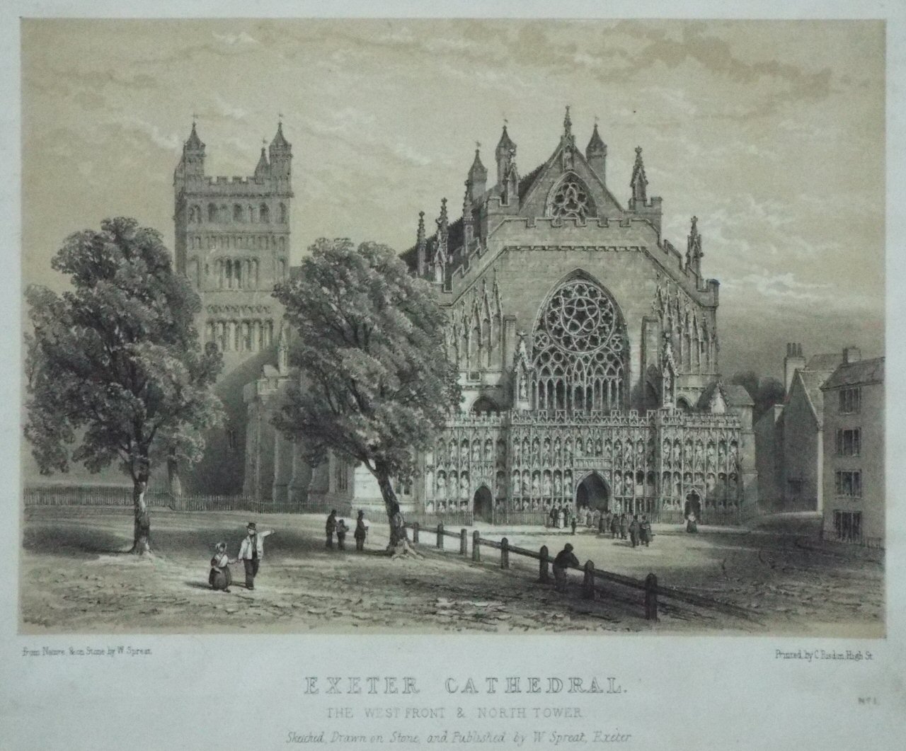 Lithograph - Exeter Cathedral. The West Front & North Tower. - Spreat